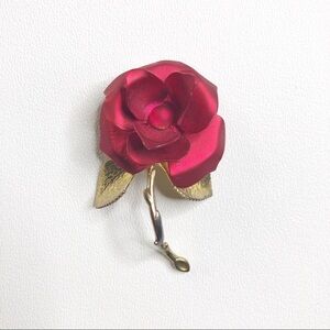 Vintage SATIN ENAMEL ROSE FLOWER BROOCH Signed USA